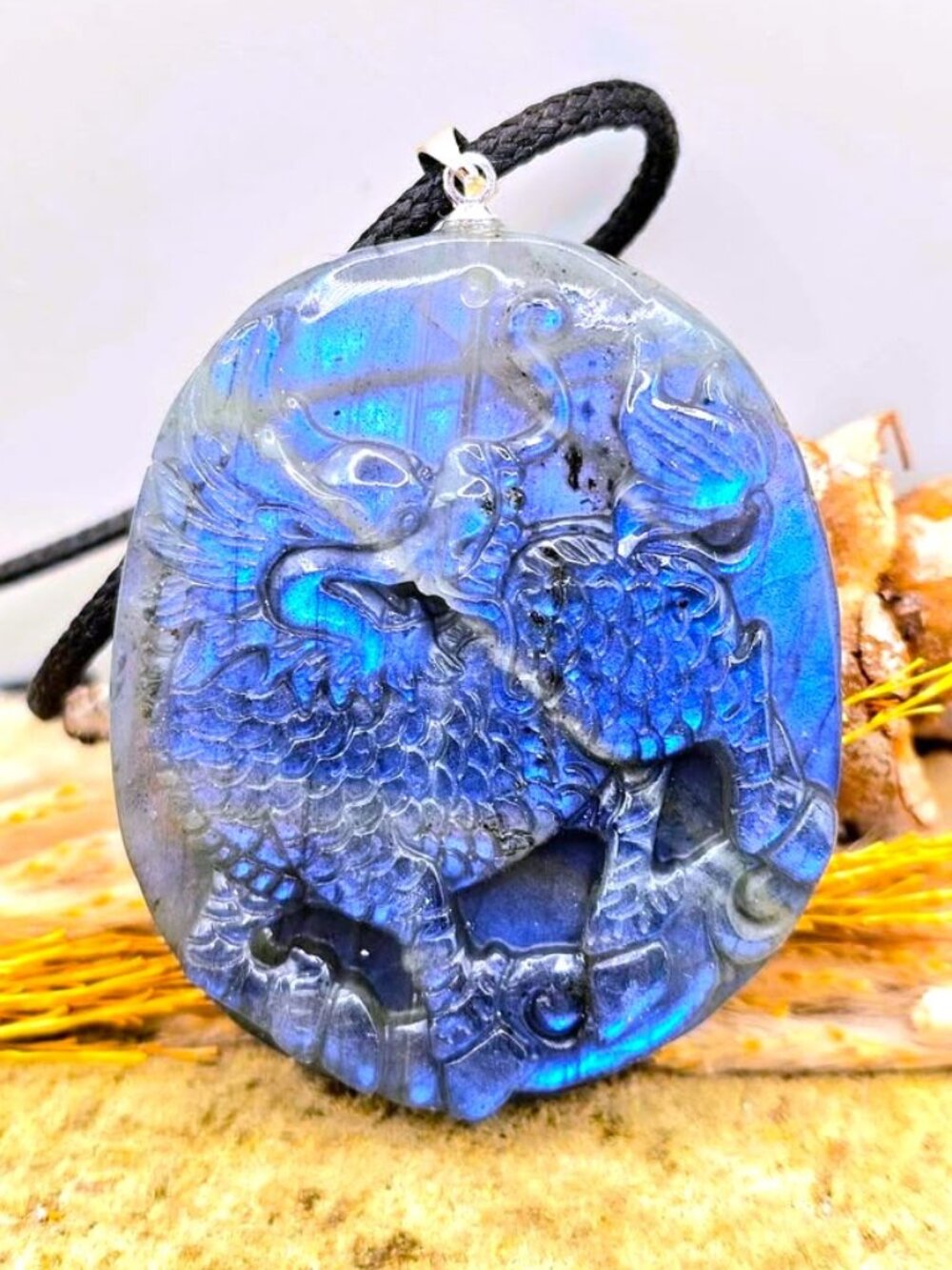 Natural Labradorite Foo Dog Pendant • Flashy • 1.7" Feng Shui Statement Necklace